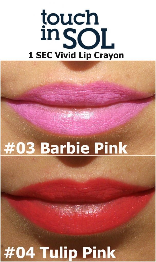 Touch in Sol One Second Vivid Lip Crayon in #4 Tulip Pink and #3 Barbie Pink (review e swatch a cura di Valentina Chirico)